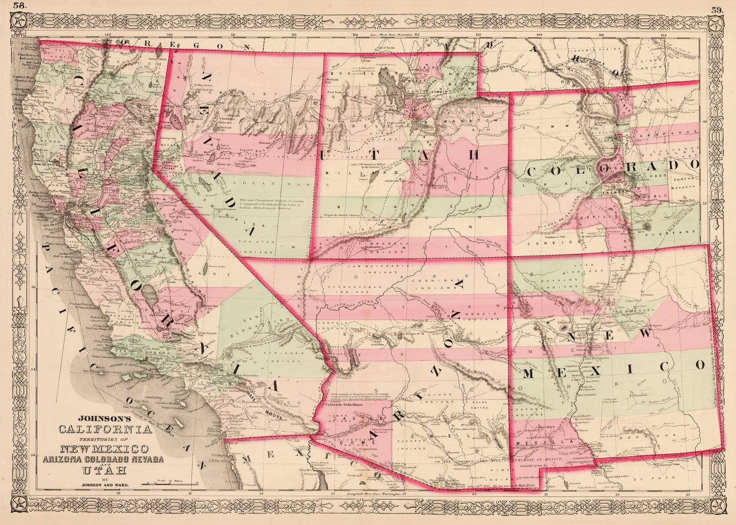 1863 Johnson¡¯s California Territories of New Mexico Arizona Colorado Nevada and Utah